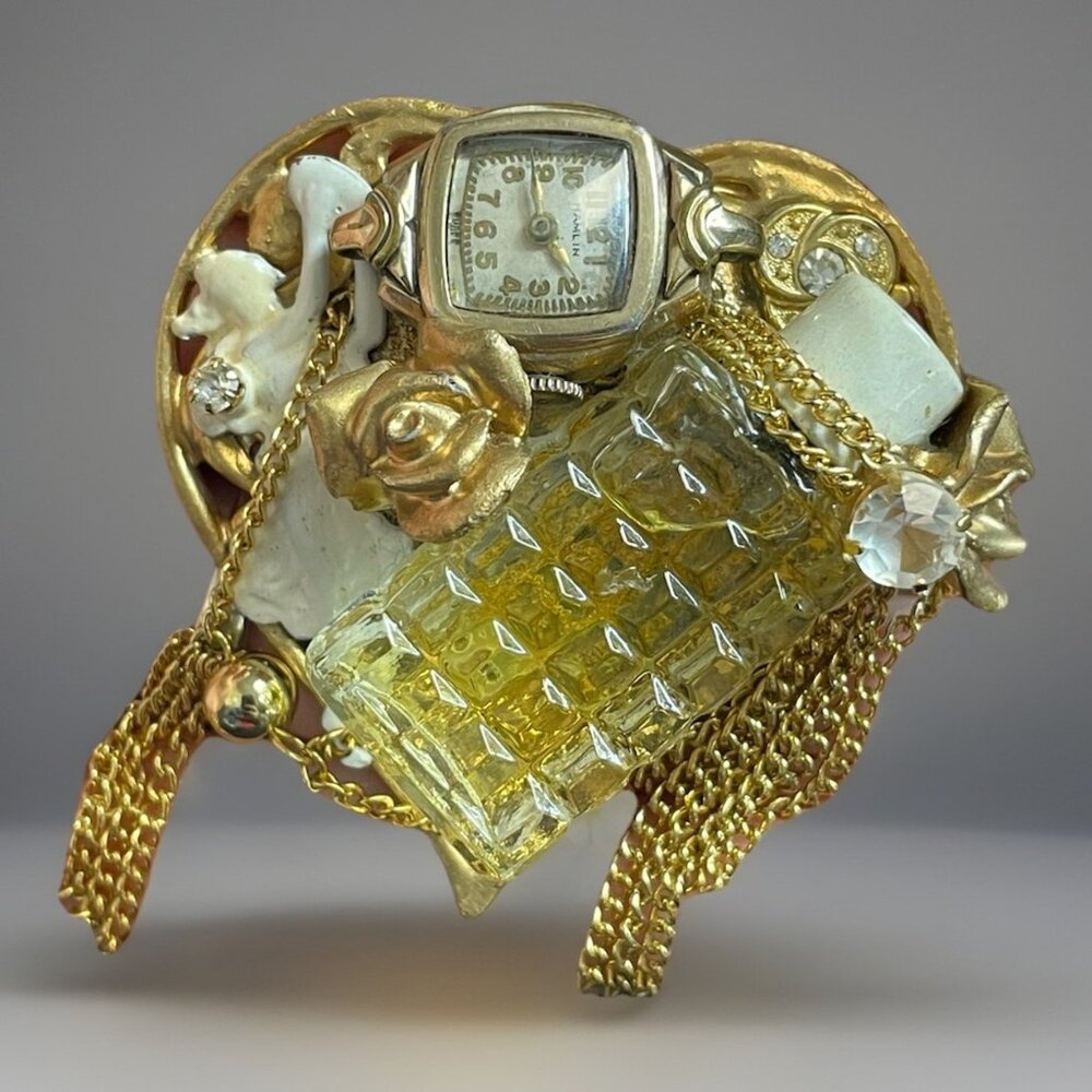 Vintage Statement Heart Oddity Brooch Assemblage Art Artisan Made Marlene